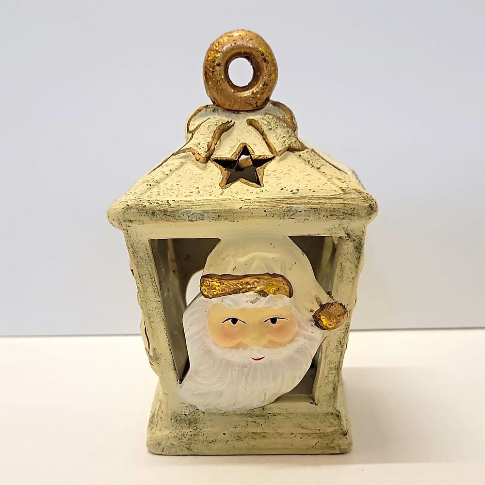 Santa Claus Face Lantern Candle Holder White/Gold Star Cutouts Freestanding 5in